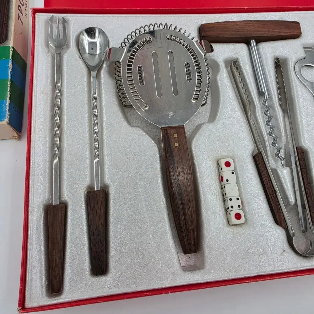 Vintage Kane Kutlery 7 Pc Bar Set Stainless Steel Wood Handles Japan Boxed MCM
